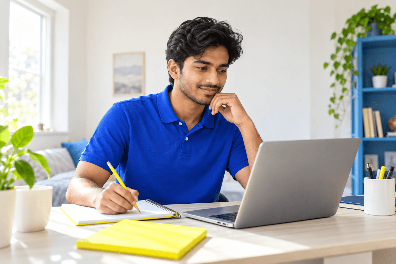 Illustrative Pakistani beginner learning at a home desk