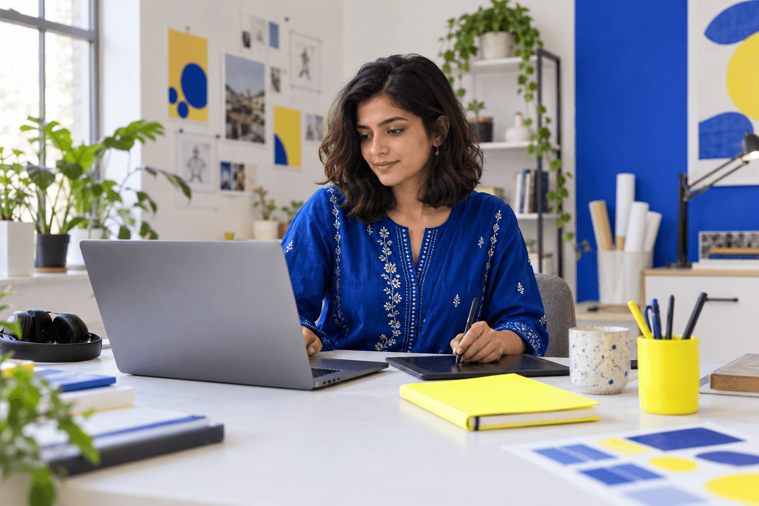 Illustrative Pakistani freelance designer at a creative workspace