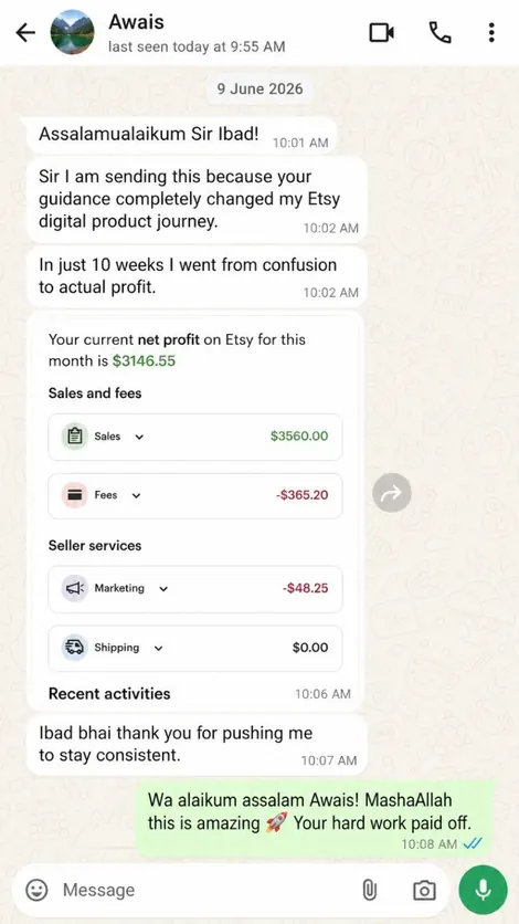 Student Etsy earning screenshot