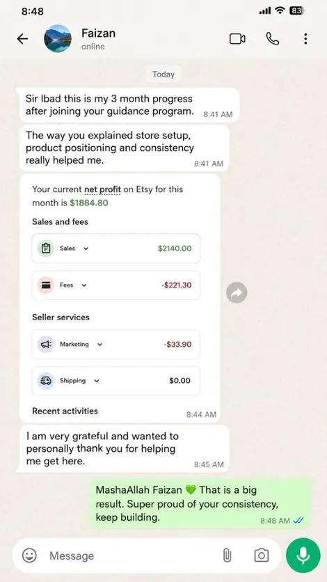 Student Etsy earning screenshot