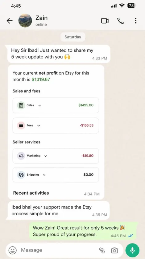 Student Etsy earning screenshot